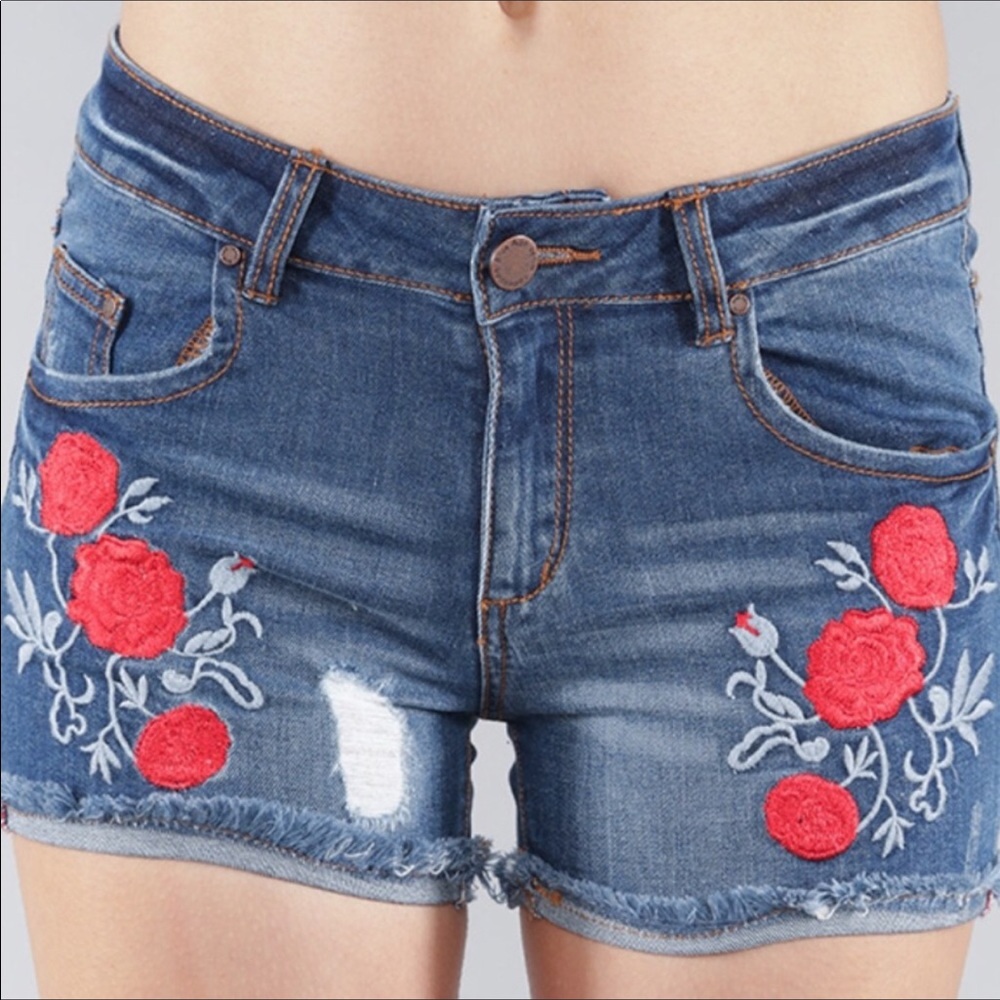 Light Blue Denim Embroidered Shorts